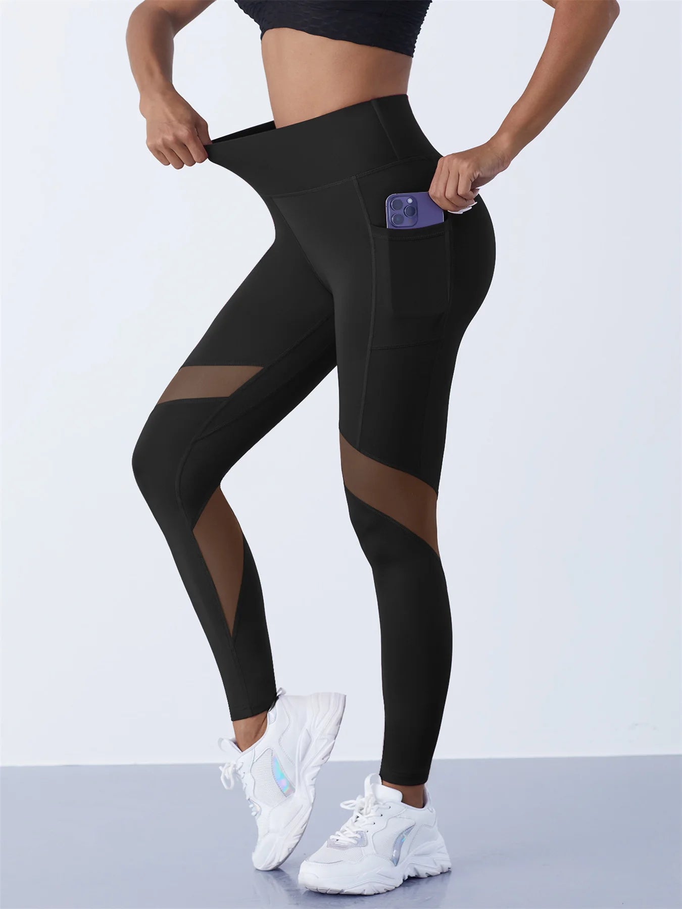 High-Waist Yoga Pants With See-through Tulle Splicing with Tummy Control - Clearance Sale