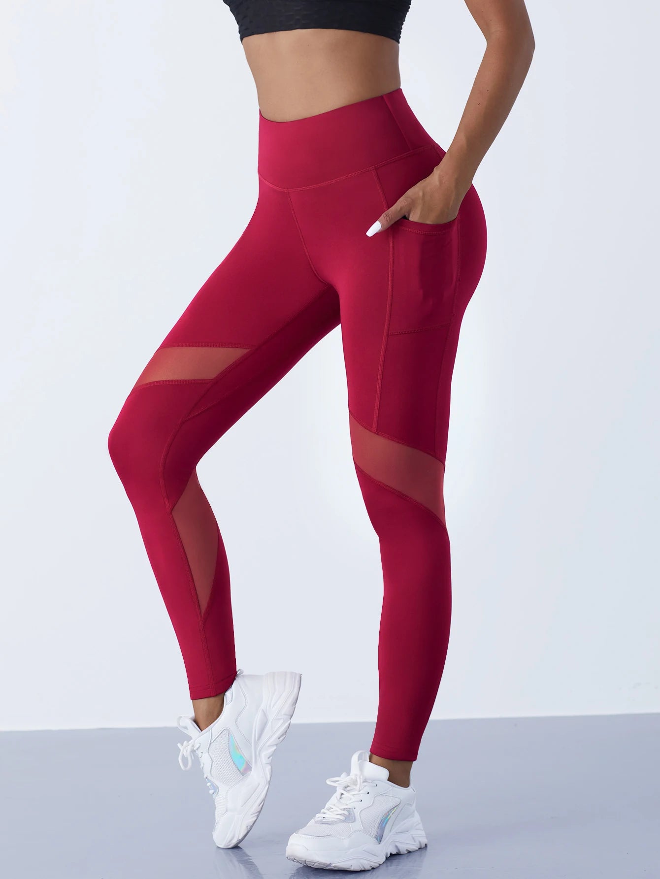 High-Waist Yoga Pants With See-through Tulle Splicing with Tummy Control - Clearance Sale