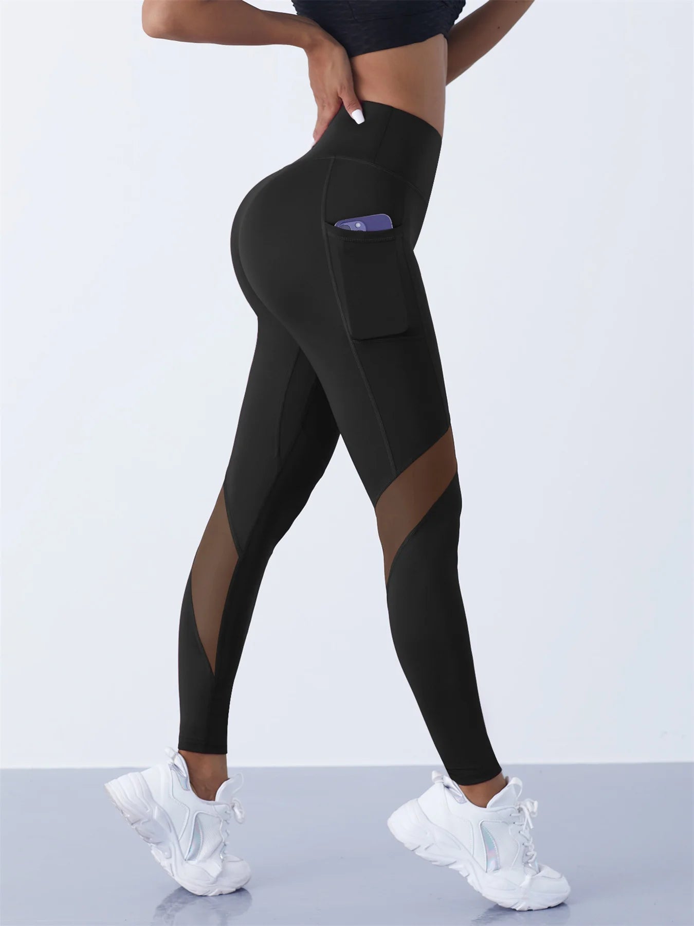 High-Waist Yoga Pants With See-through Tulle Splicing with Tummy Control - Clearance Sale