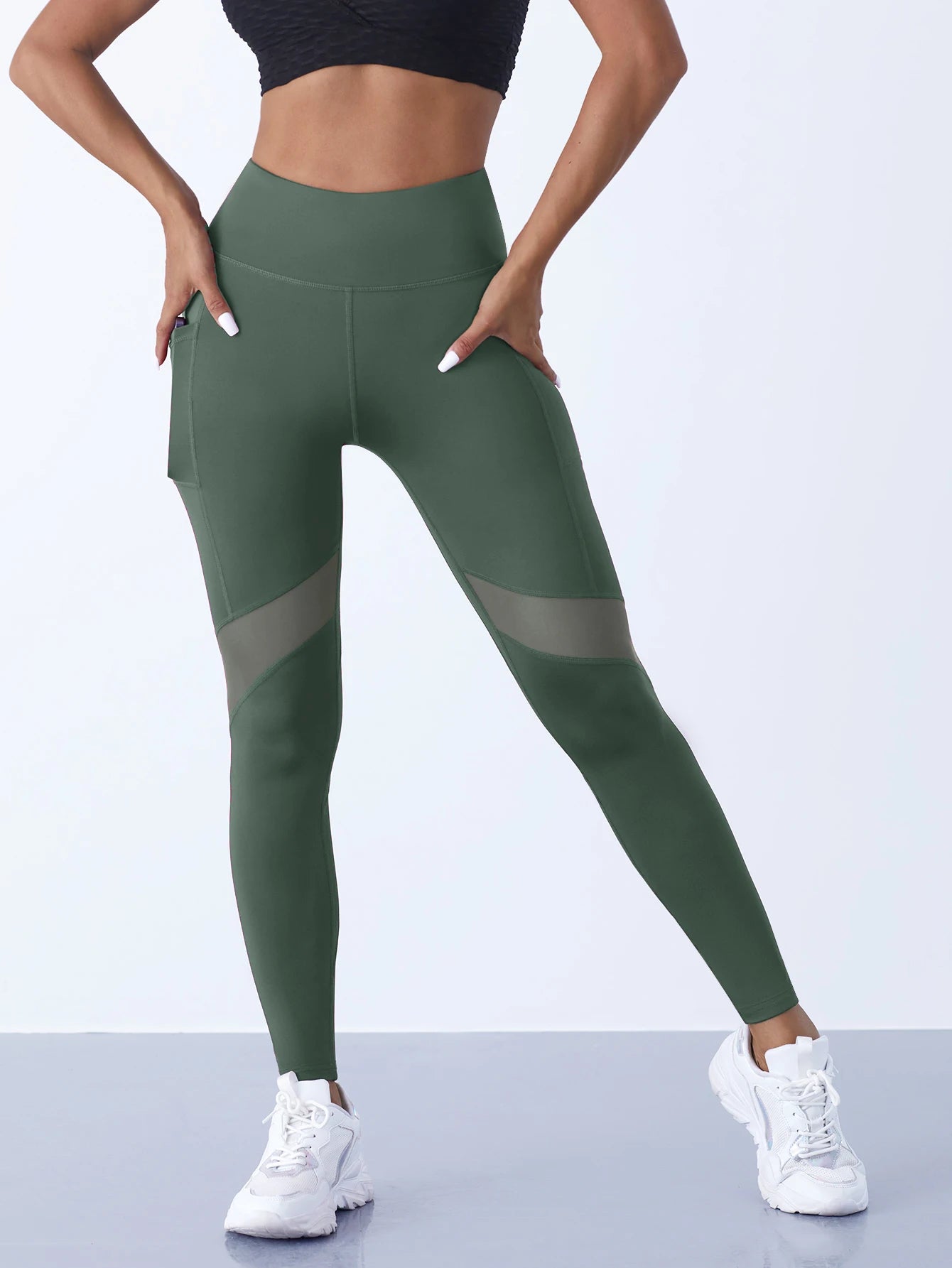 High-Waist Yoga Pants With See-through Tulle Splicing with Tummy Control - Clearance Sale