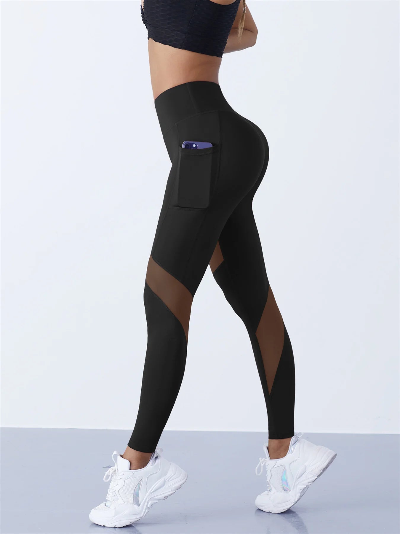 High-Waist Yoga Pants With See-through Tulle Splicing with Tummy Control - Clearance Sale