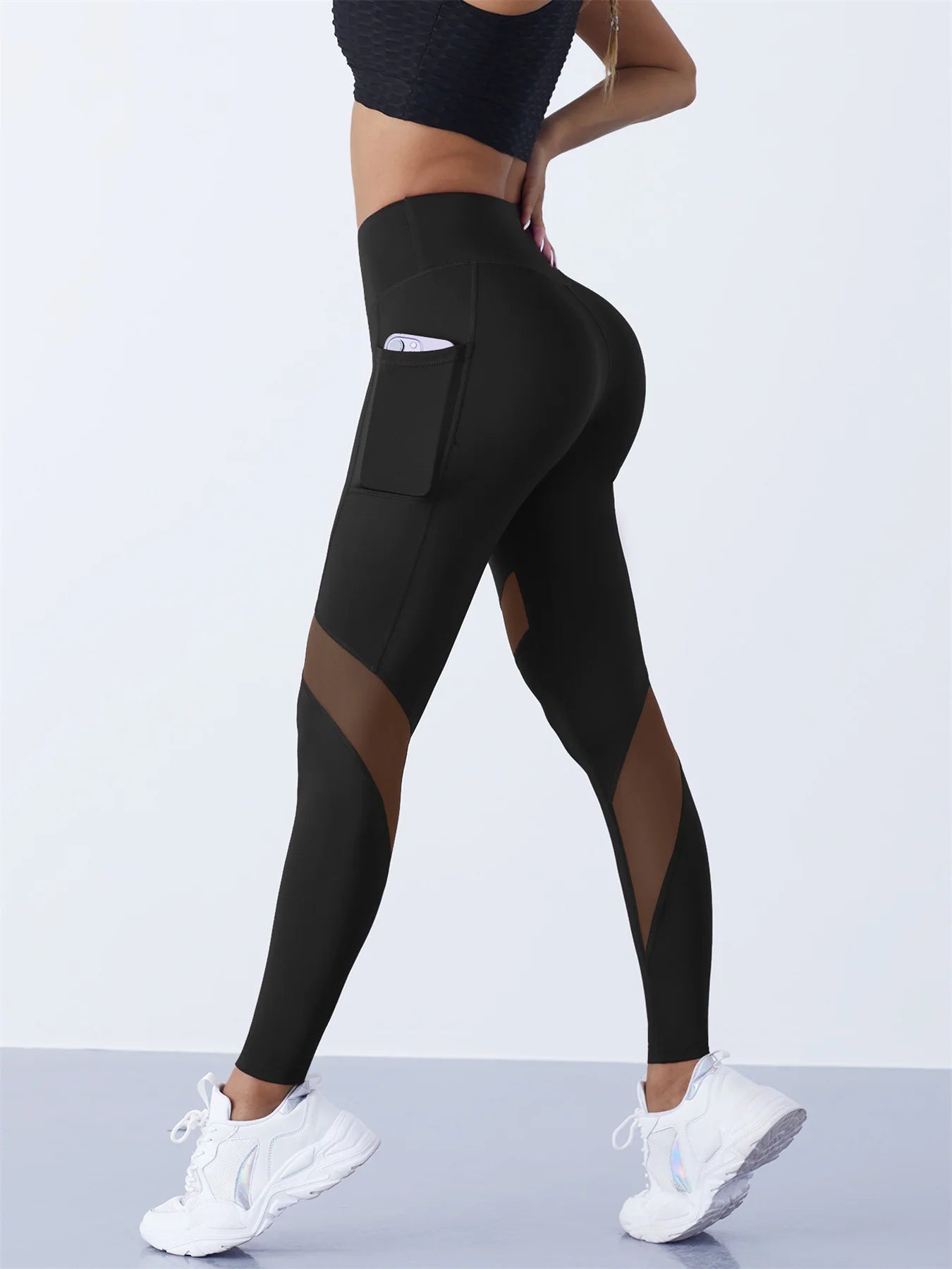 High-Waist Yoga Pants With See-through Tulle Splicing with Tummy Control - Clearance Sale