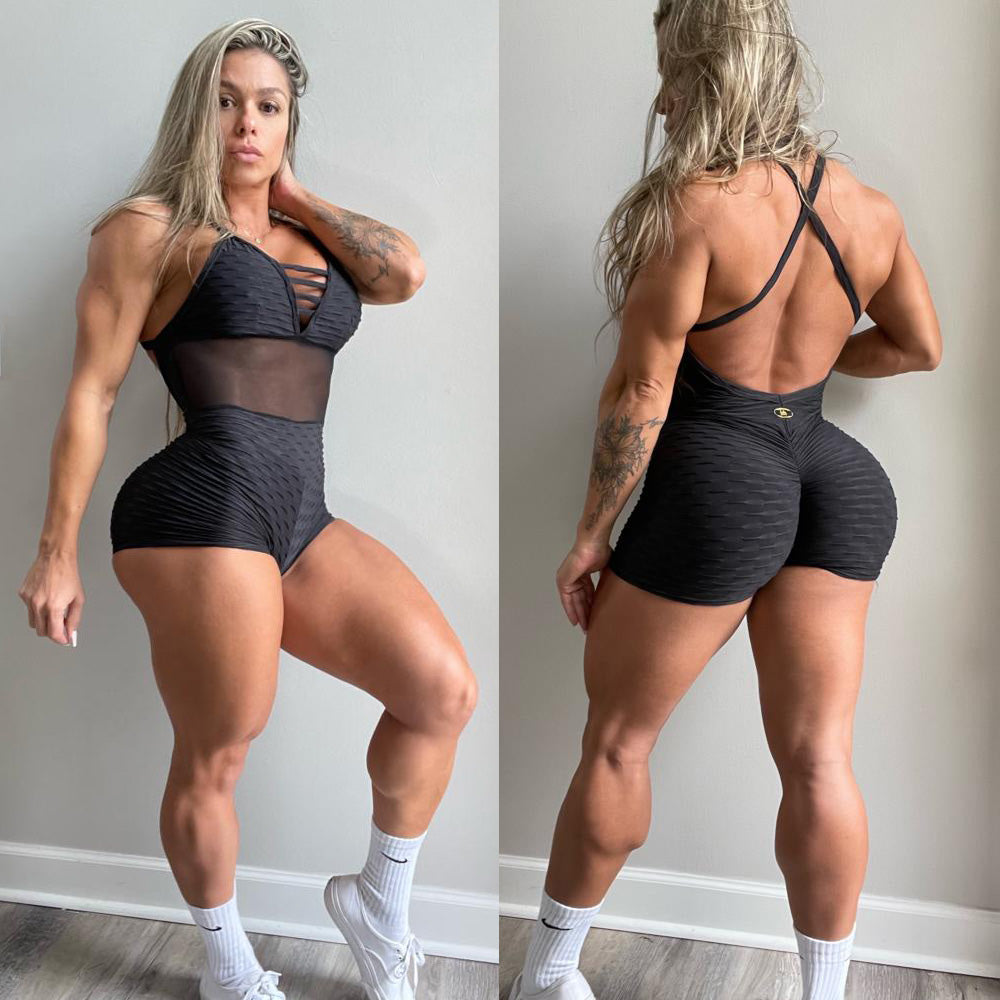 Butt Scrunch Texture Wave Black Mash Shorts Jumpsuit – Tummy Control & Booty Lifting Romper