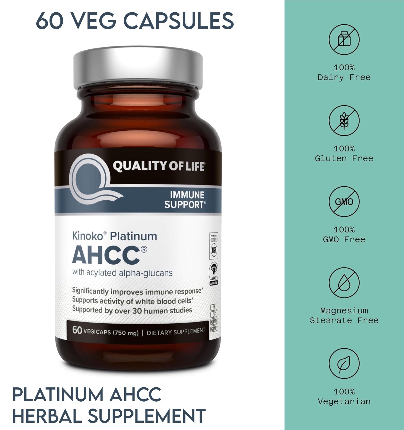 Quality of Life Premium Kinoko Platinum AHCC Supplement – 60 Veg Capsules - Clearance Sale