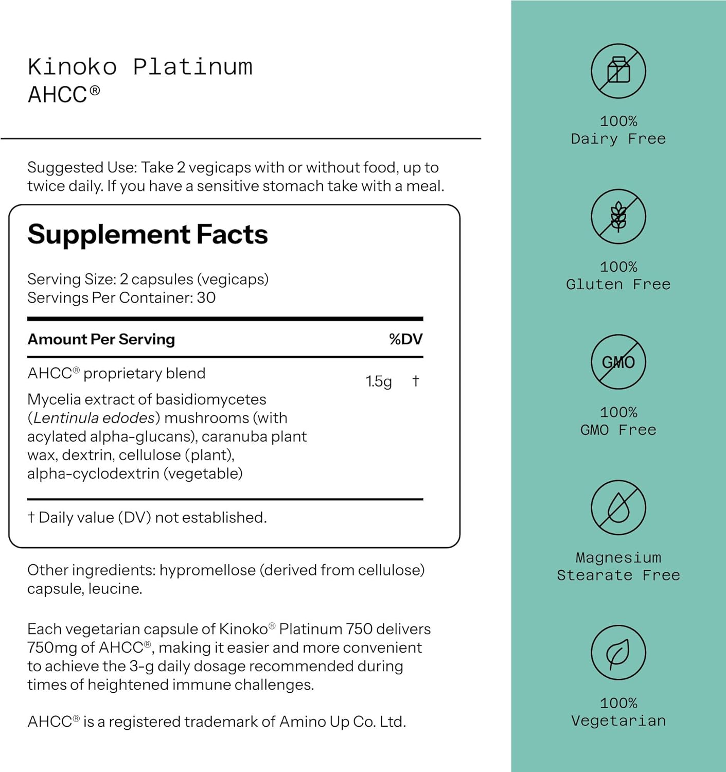 Quality of Life Premium Kinoko Platinum AHCC Supplement – 60 Veg Capsules - Clearance Sale