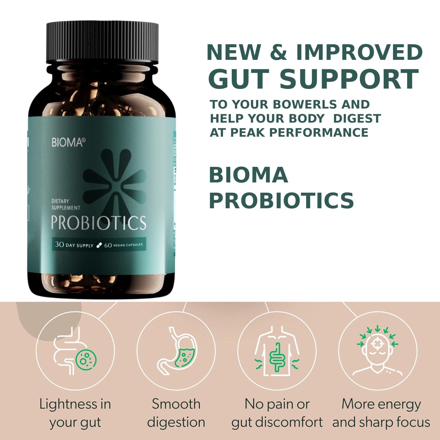 BIOMA Probiotic Gut Support - Vegan, Gluten Free, 60 Caps - Clearance Sale